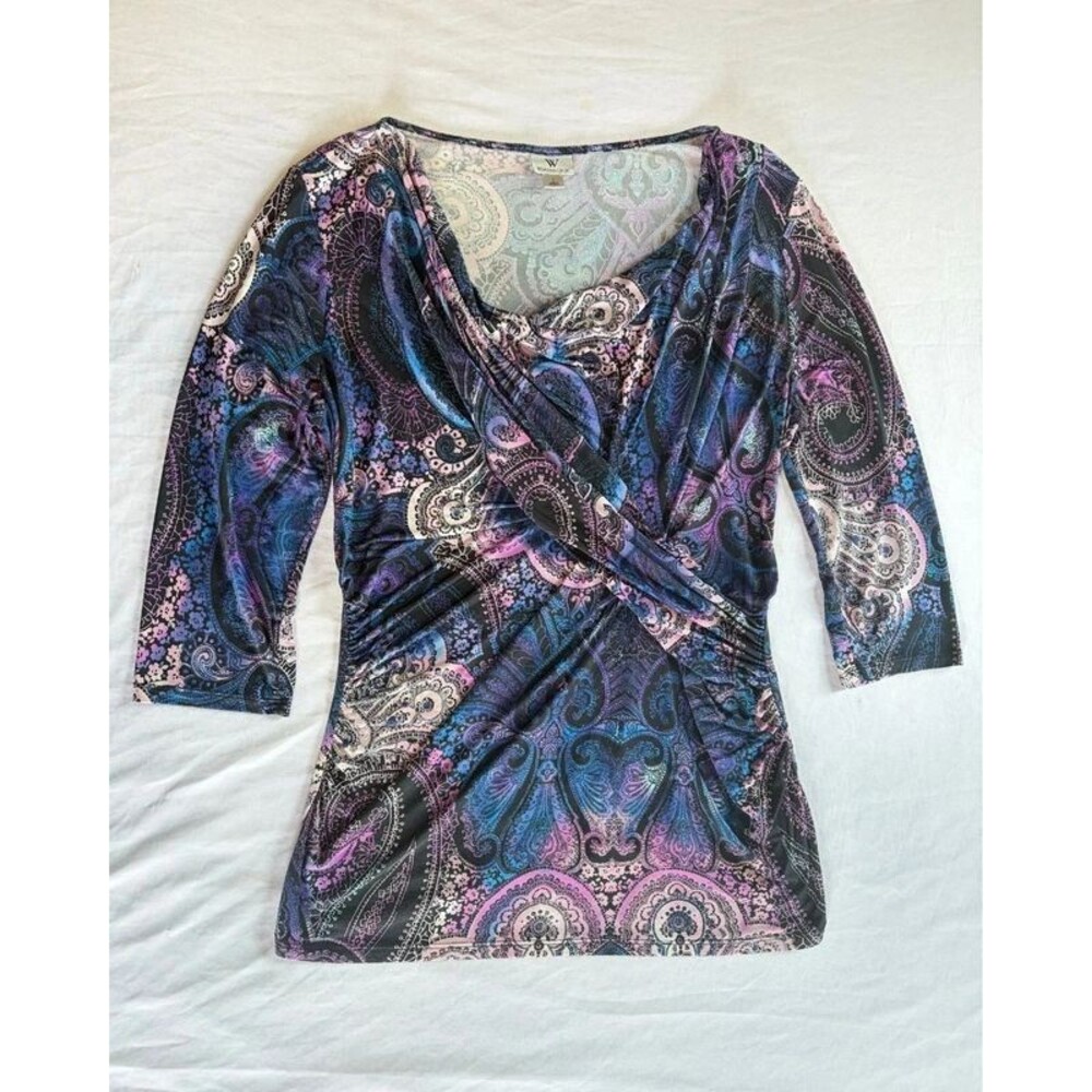 Worthington Cowl Neck Paisley Blouse Womens L 3/4 Sleeve Ruched Faux Wrap Top
